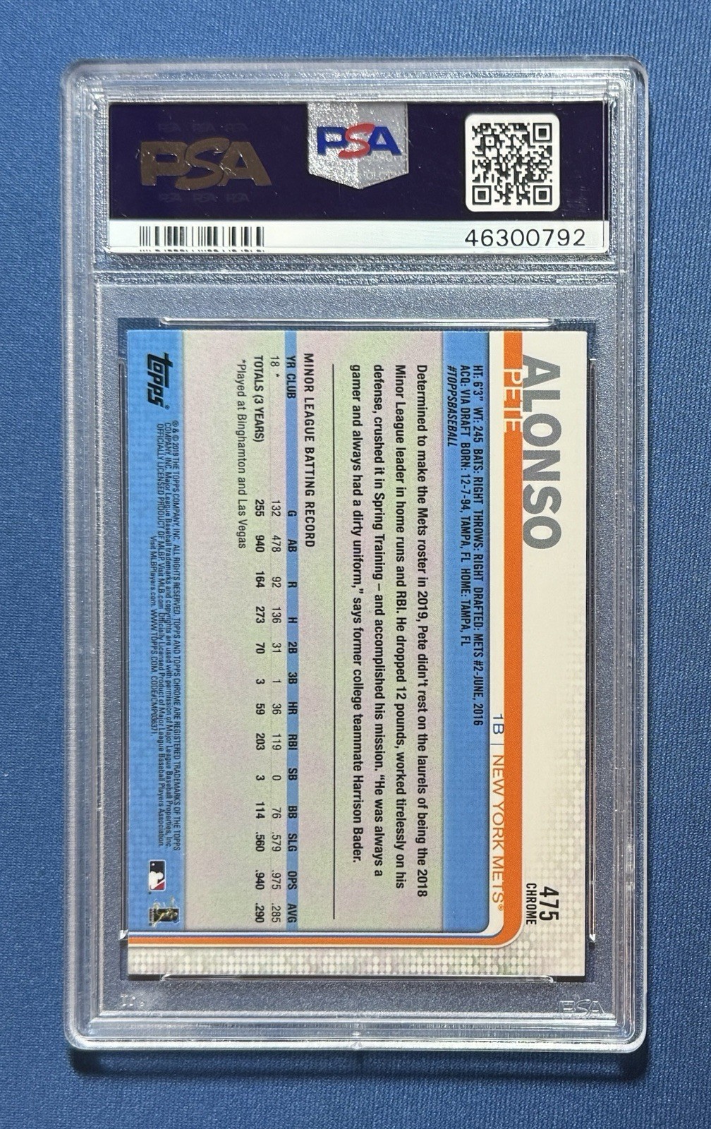 2019 Topps Chrome Pete Alonso Sapphire Edition PSA 10 RC Mets #475 view 2
