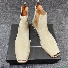 Men Real Leather High-top Chelsea Boot Ankle Boots Metal Square Toe Dress Shoes