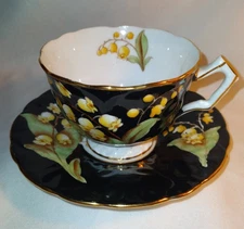Aynsley Crocus Lily Of The Valley Black Background Cup And Saucer Light Damage 