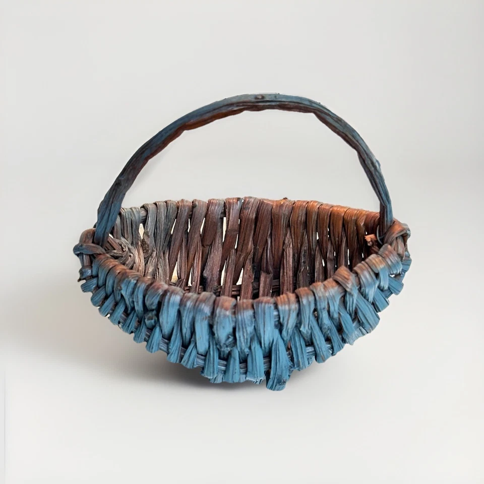 Primitive 19th Century XS Hand Woven Wicker Basket w Original Faded Blue Paint - Image 4 of 4