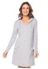 Hooded Cover-Up Dress with Pockets - UPF 50 Sun Large Grey  White Stripe