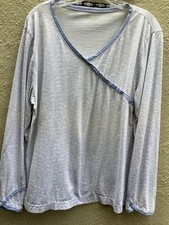 Garnet Hill Pajama Top LARGE "Green Cotton" Asian Wrap Fan Print