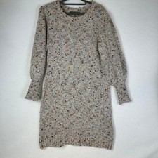 Melonie T Speckled Knit Sweater Dress Puff Sleeve Crew Neck Tan Size L