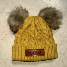 Hey Bruce Fur Double Pom Winter Youth Kids Book Cable Knit Beanie Hat Yellow