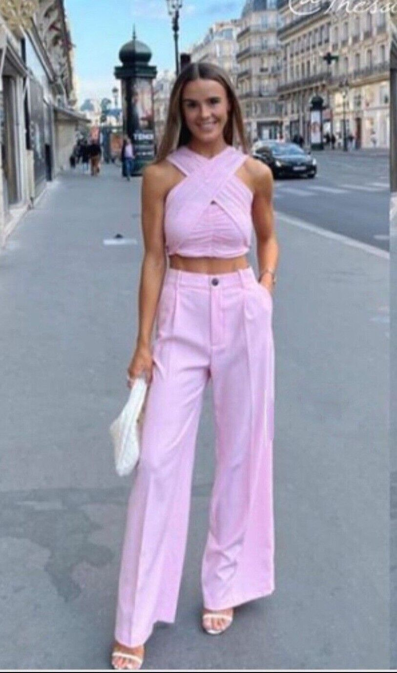 ZARA WOMAN NEW High-waisted PINK WIDE LEG MENSWEAR STYLE PANTS