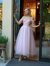Toreque Tulle Tea Length Prom Dresses 2023 Off Shoulder Pearl Sweetheart Formal