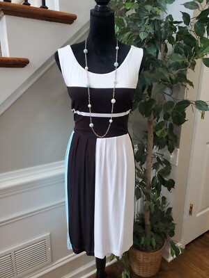 Cato Women's Black & White Solid Rayon Round Neck Sleeveless Knee Length Dress M