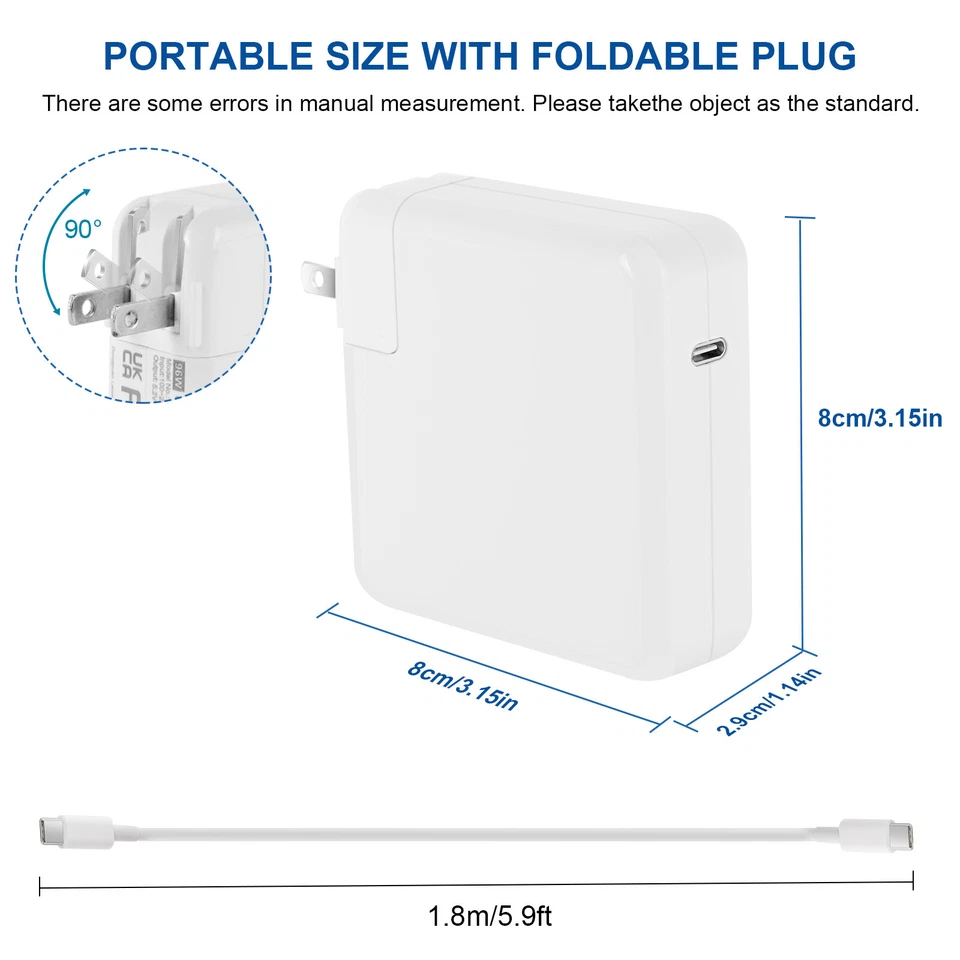 96W USB C Power Adapter Charger For MacBook Air 16" 2019 15" 13" 2016 2017 2018 - Image 3 of 4