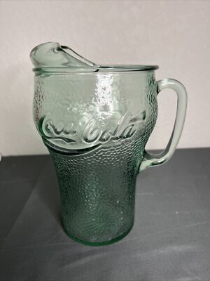Vintage Heavy Green Pebbled Glass Coca Cola Pitcher 64 oz With Ice Lip
