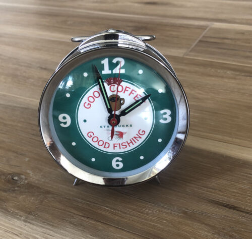 STARBUCKS Green Good Coffee Fishing Wind Up Alarm Clock Chrome As Is Repair I1 - Picture 1 of 5