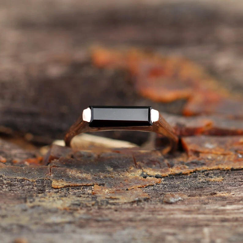 Anel feminino de prata com barra retangular de ônix preto natural anel feminino presenteá-la - Imagem 3 de 4