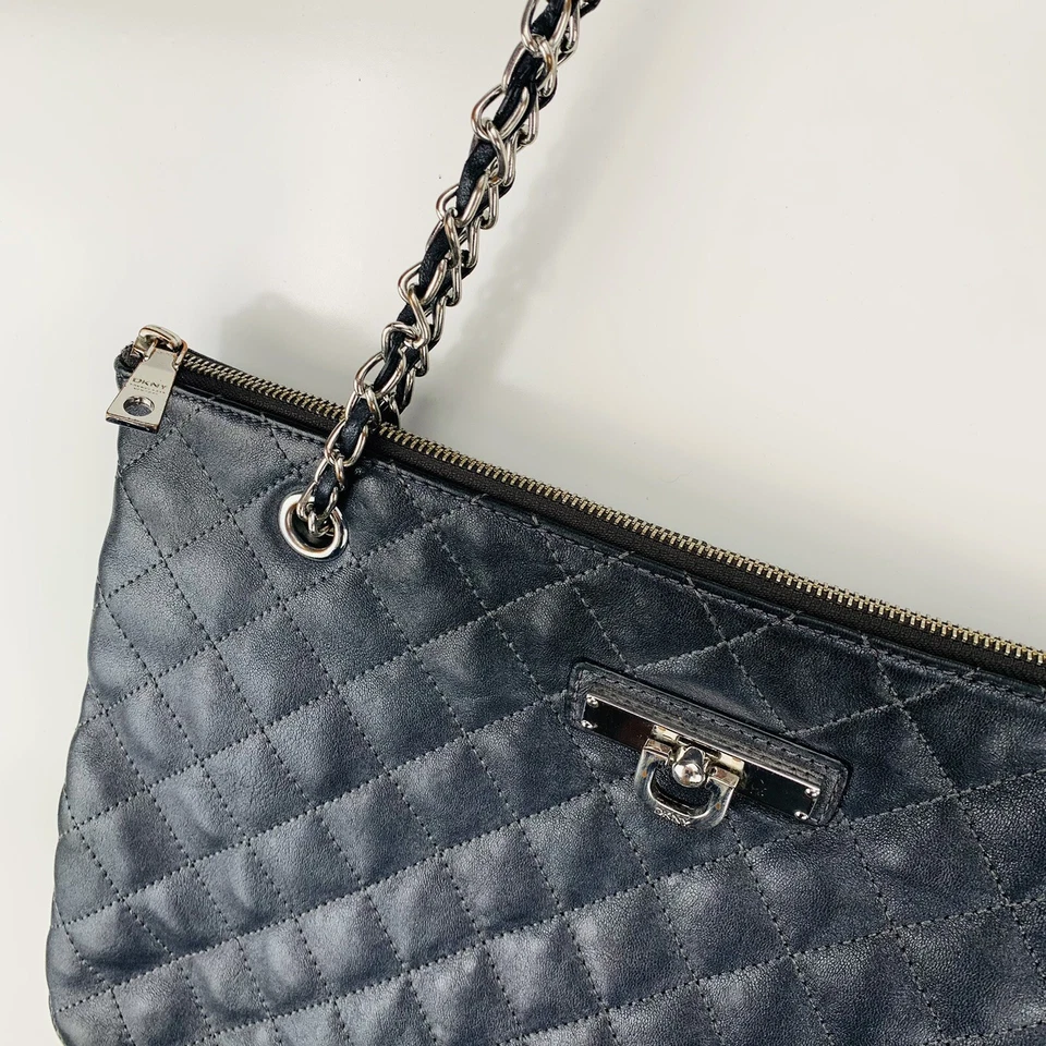 DKNY Purse Black Quilted Leather Chain Strap Crossbody Double Handle Adjustable - Image 2 of 4