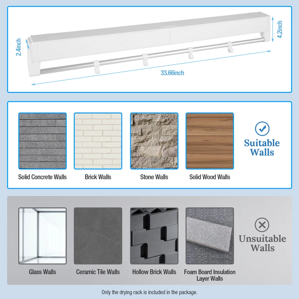 Wall-mounted Laundry Clothes Storage Drying Rack Retractable Dryer Hanger White - Image 2 of 4