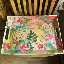Tommy Bahama Melamine Rectangle Serving Tray Handles Palm Pink Floral Green NWT