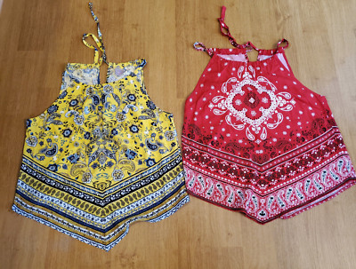 2 Ladies Summer Tie Top V Bottom Bright Tops Red, Yellow Size 11-13 Large