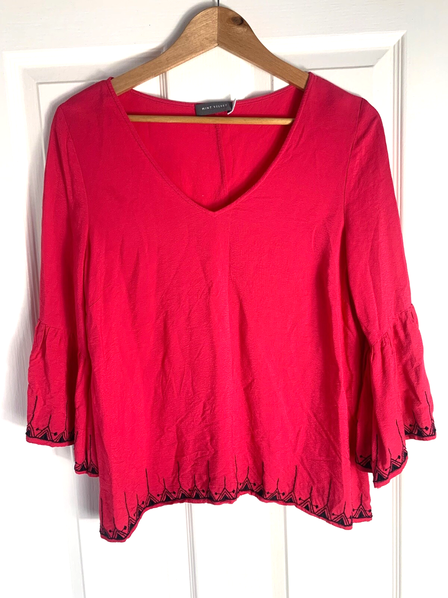 Mint Velvet pink 3/4 sleeve v neck top, embroidered hem and cuff