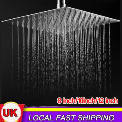 Square Shower Head Chrome Stainless Steel Rainfall Overhead Large Bathroom UK