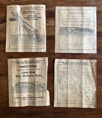 c.1930 John Deere Manuals Raker Bar Loader Disk Harrows Side Rake Grain Elevator