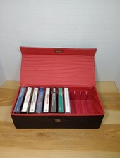 VTG 12-Slot Cassette Tape Storage Case Black Red Vinyl Holder Retro W/ 8 Tapes