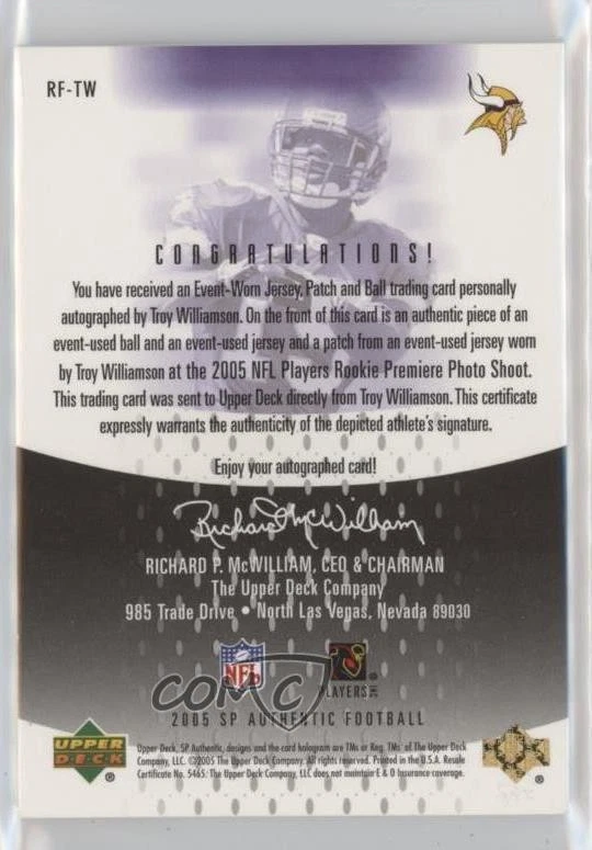 2005 SP Authentic Rookie Fabrics Black Auto /15 Troy Williamson #RF-TW Auto RC - Image 2 of 2