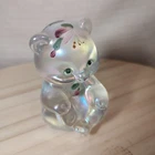 Fenton Clear Opalescent Sitting Teddy Bear Hand Painted Petals Flowers Signed.