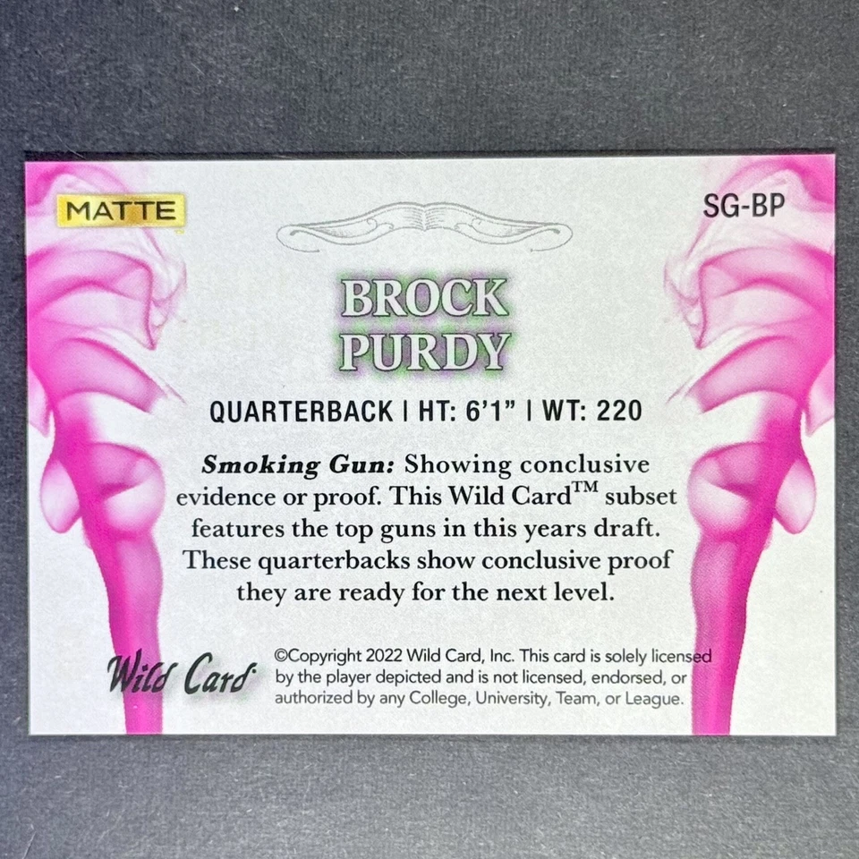 ROOKIE BROCK PURDY 2022 WILD CARD MATTE #SG-BP SMOKING GUNS (RC) SSP /15 - Image 2 of 2