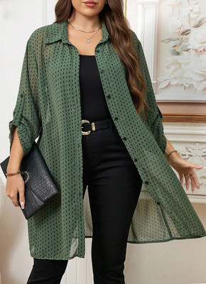Grüne Chiffon-Bluse aus Baumwolle mit Punktmuster, Langarm, Größe M, Knopfleiste