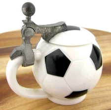 Soccer Ball Stein +Lid Mini Stoneware Shot Glass Ceramic Black White 1.5oz Small