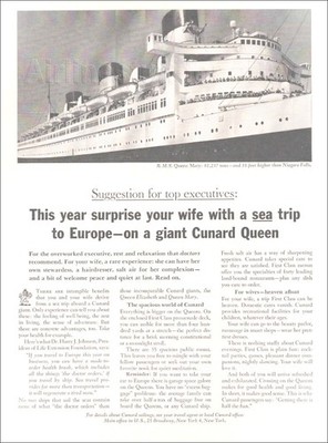 1964 CUNARD Line RMS QUEEN MARY ad cruise ship ocean liner SURPRISE YOUR WIFE