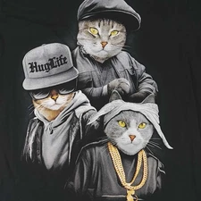 ODM Hug Life Gangsta Cats Black T-Shirt Size Small 34