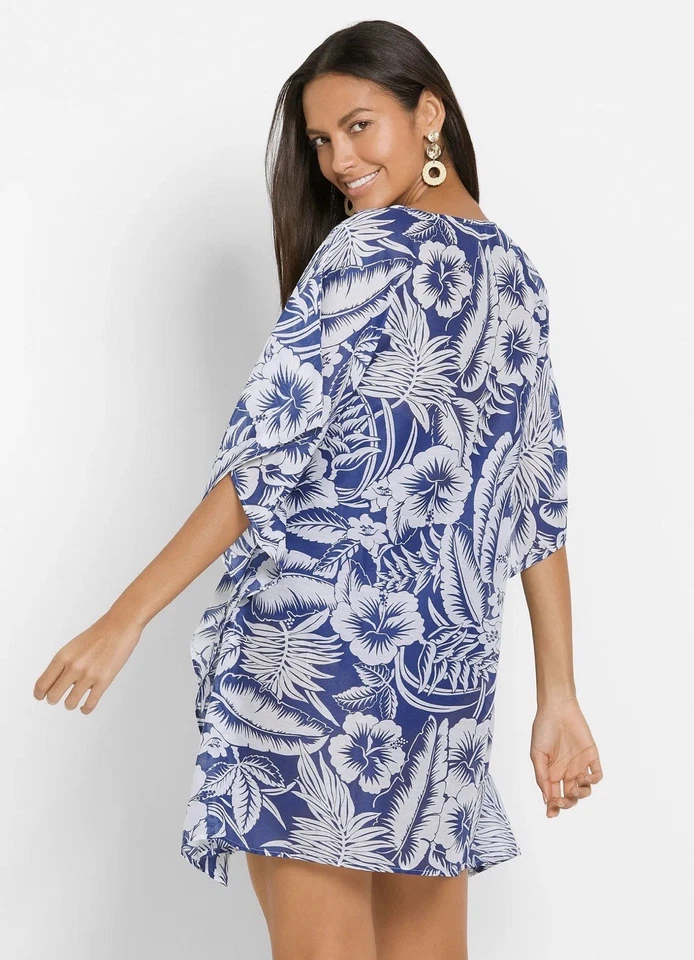 Damen Strandtunika Transparent Blau Weiß Floral V-Ausschnitt Kaftan Sommer Kleid - Bild 2 von 3