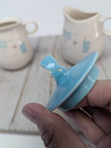 Vintage Set of Vernonware Metlox Heavenly Days Sugar Dish Creamer with Lid MCM - Picture 8 of 12
