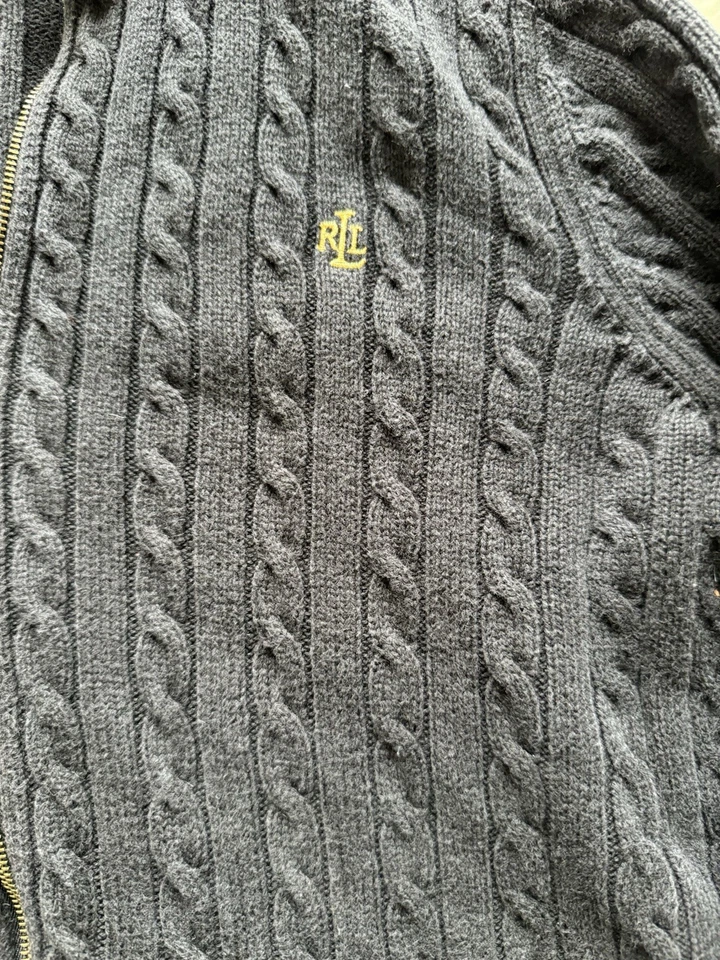 Cárdigan Suéter Lauren Ralph Lauren Para Mujer L Tejido con Cable Cremallera Negro Logo RL Foto 3 de 4