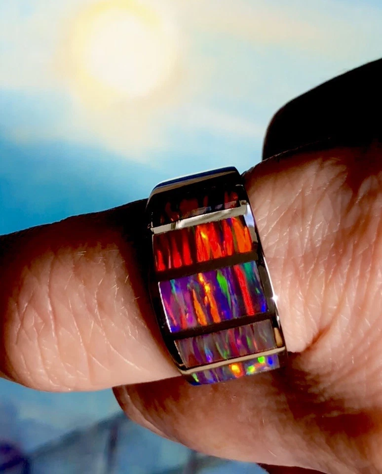 HANDSOME Sz 10 U Heavy Rock Red Black Fire Opal Men's ring VIDEO sterling 925 - Image 4 of 4