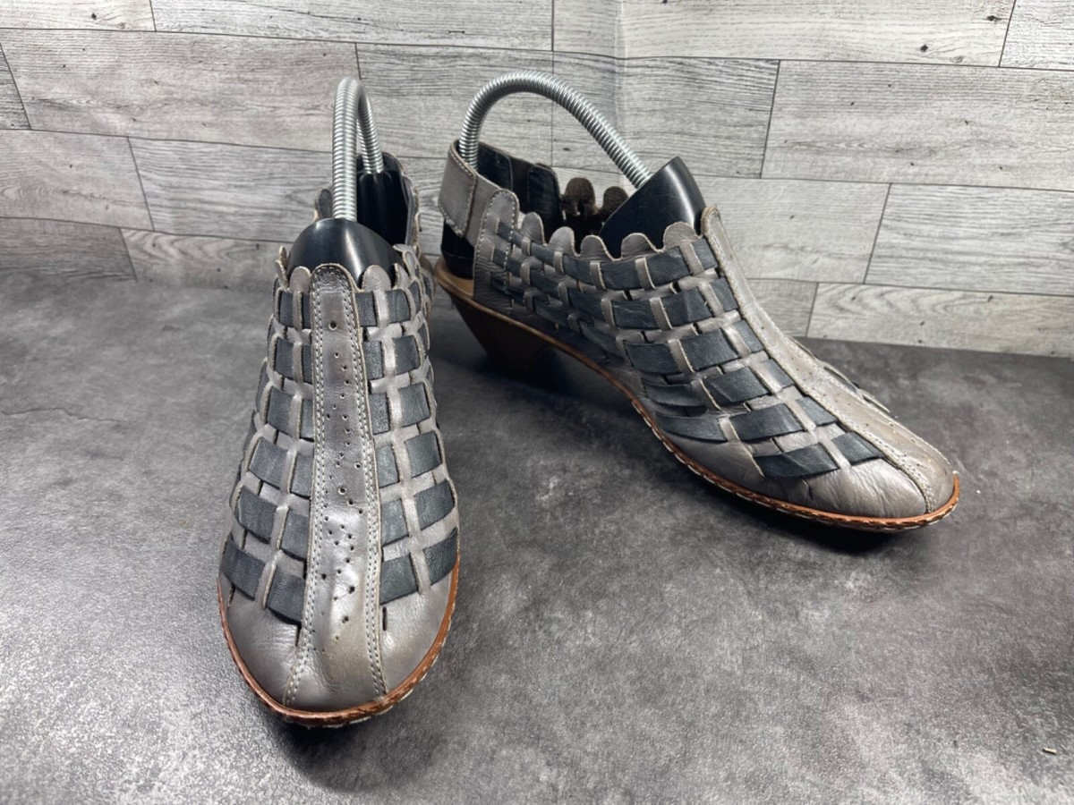 Rieker Sandals Women Sina Shoes Gray Woven Leather Comfort kitten Heel
