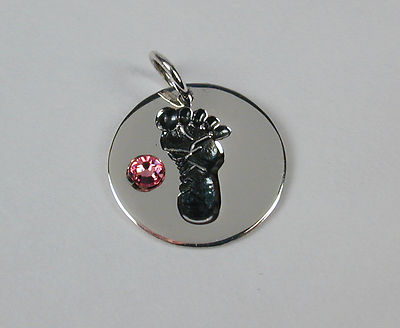Sterling Silver Baby Girl Footprint Charm with Pink Stone Free U.S. Shipping