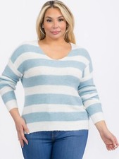 Womens Plus Size Blue and White Stripe Sweater 2X Long Sleeve Colorblock