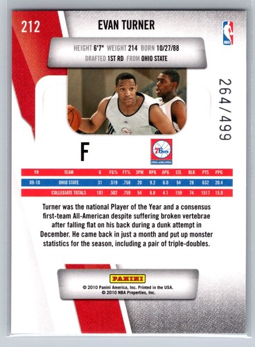 2010-11 Panini Prestige #212 Evan Turner Bonus Shots Orange RC - Picture 2 of 2