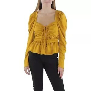 Top Aqua para mujer cuello atado recogido mangas largas fuera del hombro, mostaza grande