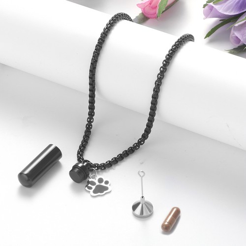 Pet Paw Print Memorial Urn Pendant Cylinder Cremation Dog Cat Ash Pill Necklace - Bild 5 von 20