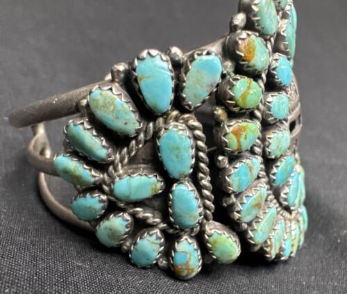 Vintage Navajo Larry Moses Begay Petit Point Turquoise Sterling Silver Bracelet - Picture 2 of 22