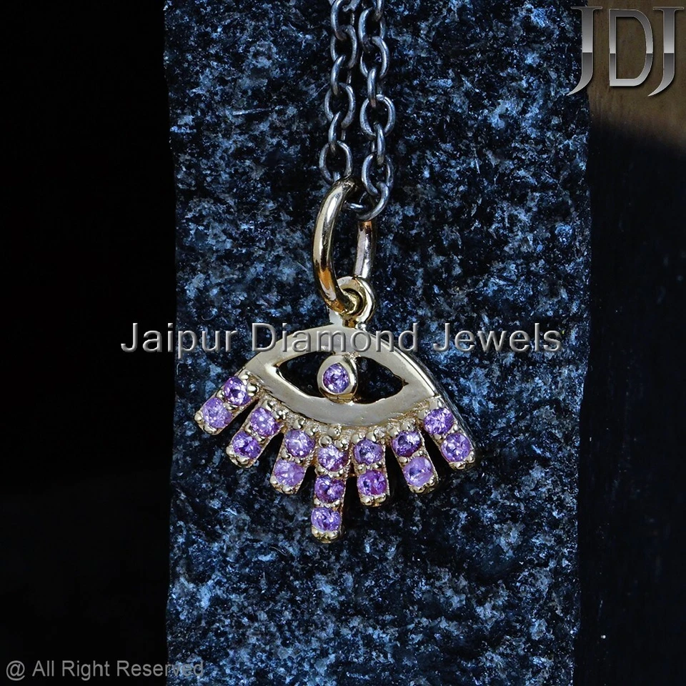 Solid 14k Yellow Gold Jewelry Natural Pink Sapphire Gemstone Evil Eye Pendant - Image 4 of 4
