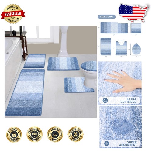 Stylish Multi-Purpose 5-Piece Bath Mat Set with Toilet Lid Cover - Light Blue