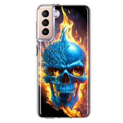 For Samsung Galaxy S21 Plus Shockproof Hybrid Case, Blue Flaming Fire Skull