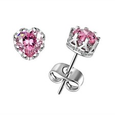 Cute New White Gold Silver Plated Pink Heart Crystal CZ Crown Set Stud Earrings