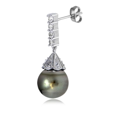 Boucles D'oreilles Argent 925 - Perle De Tahiti & Topaze Blanche, Forme Goutte, 11mm, Neuves