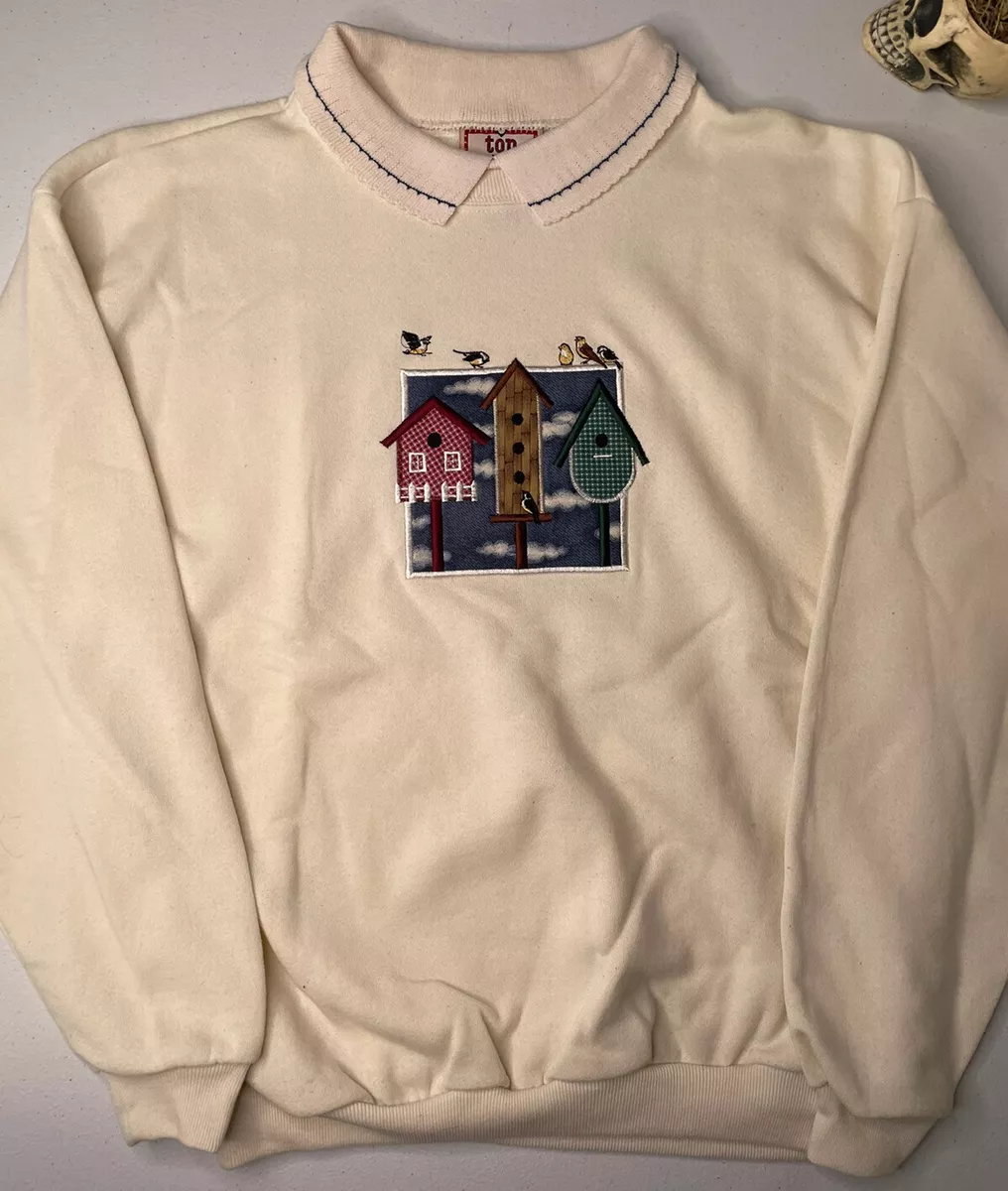Vintage Morning Sun Top Stitch Grandma Sweatshirt Birds Birdhouse Collared Sz. M