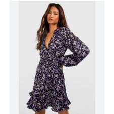 Nasty Gal Collection Floral Mini Dress Purple Green V-Neck Smocked Waist Size 4