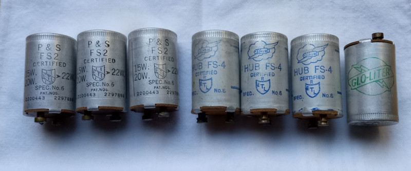 7 Vintage Fluorescent Lamp Starters -FS-2 and FS-4  HUB, P&S, CEFKO