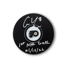 Cam York Autographed Philadelphia Flyers Hockey Puck Inscribed 1st NHL Goal